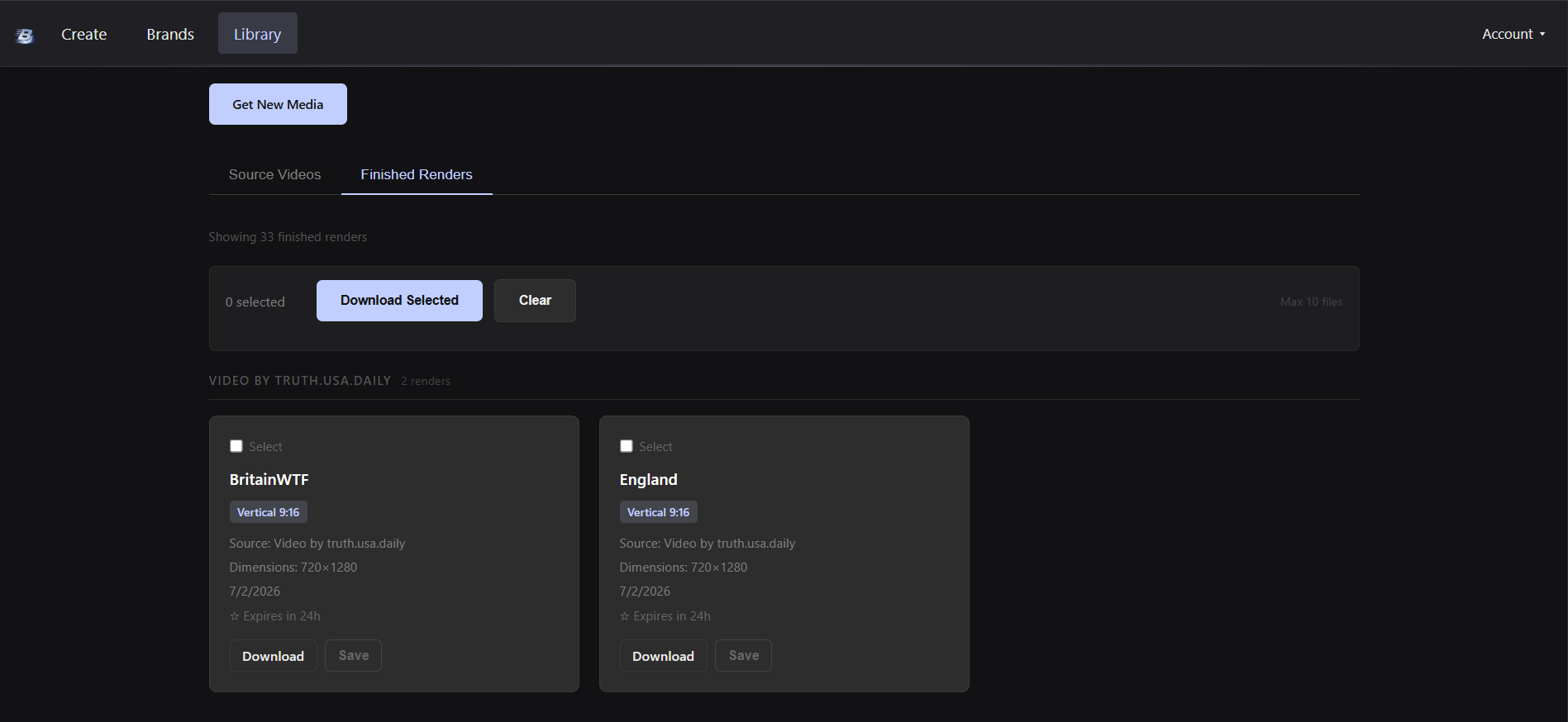 Brandr — Library showing finished renders ready to download