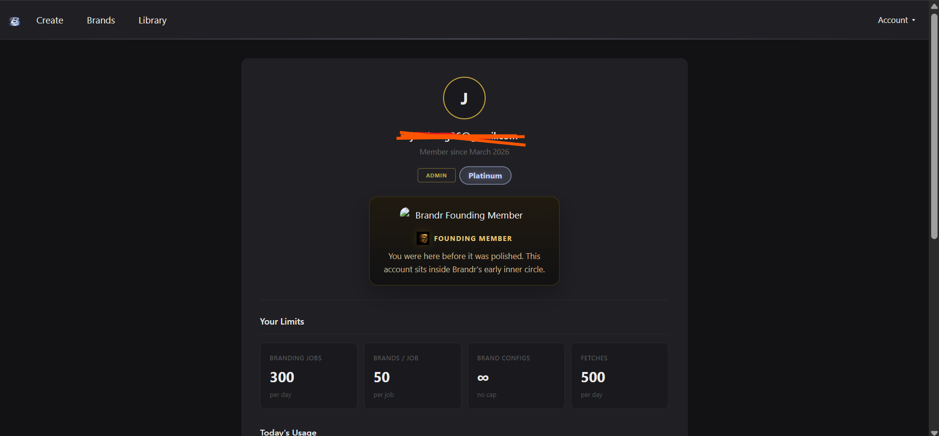Brandr — Profile page showing usage limits and Platinum tier